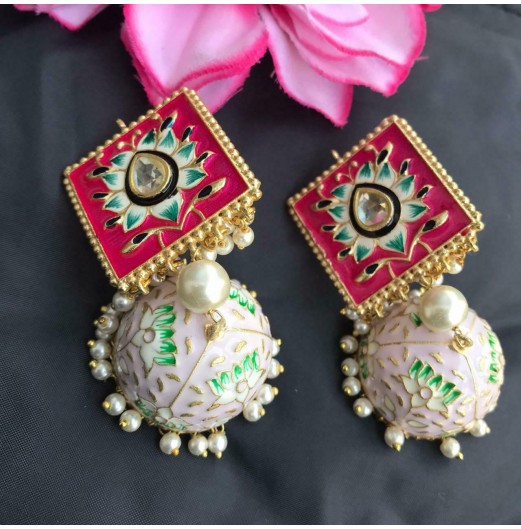 Pink Enamel Lotus Jhumki 