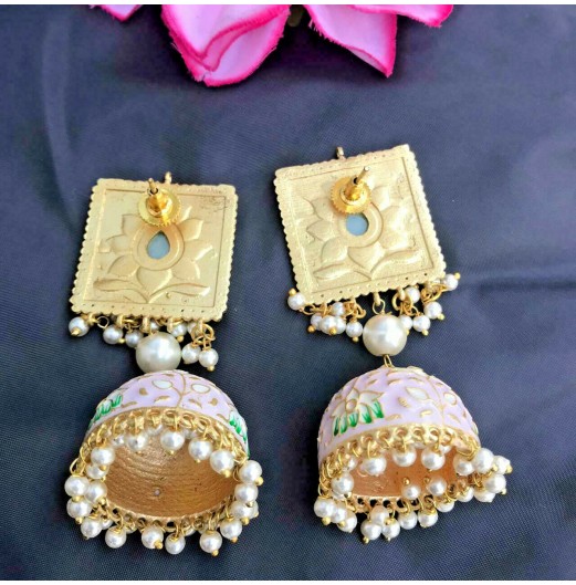 Pink Enamel Lotus Jhumki 