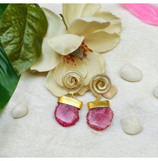 Pink Agate Druzy Gold Tone Handcrafted Earrings 