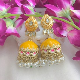 Yellow Kundan Meenakari Jhumki 