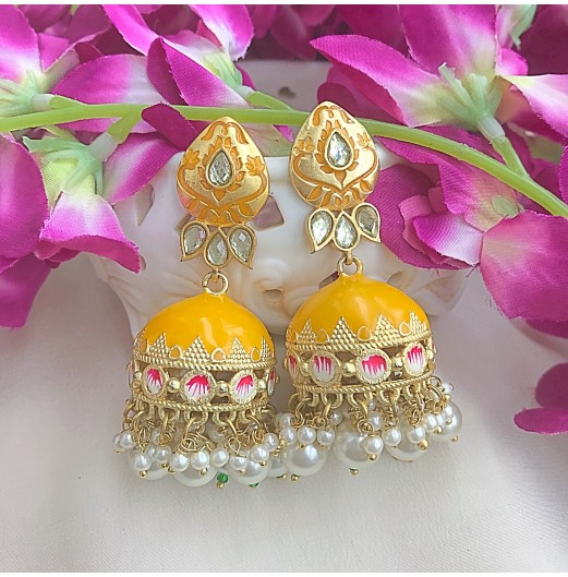 Yellow Kundan Meenakari Jhumki 