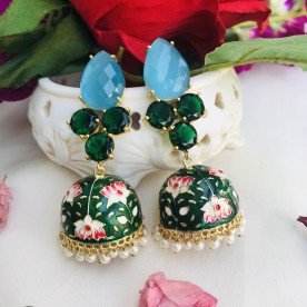 Green Meenakari Blue Stone Gold Plated Pearl Jhumka