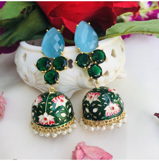 Green Meenakari Blue Stone Gold Plated Pearl Jhumka