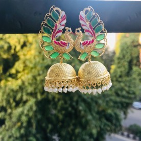 Gold Tone Handpainted Green Peacock Jhumki