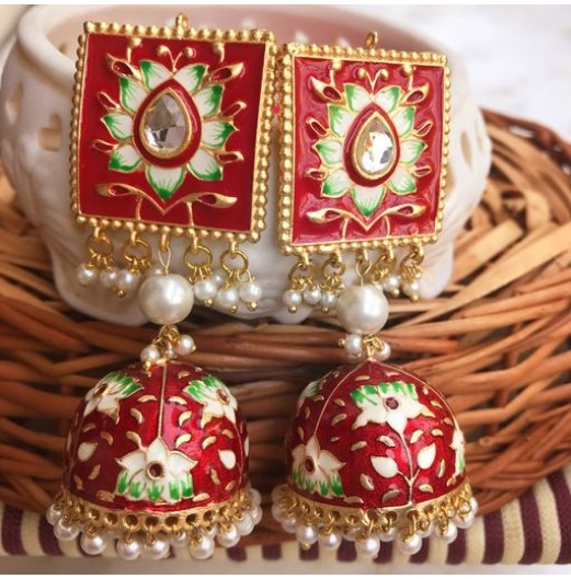 Red Enamel Lotus Jhumki 