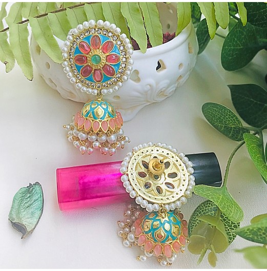 Meenakari Pink Blue Jhumki