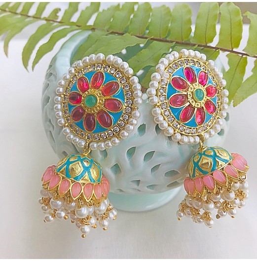 Meenakari Pink Blue Jhumki