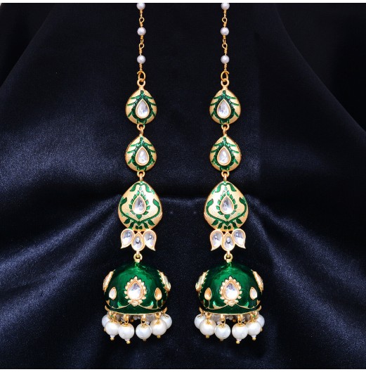 Green Enamel Bahubali Kaan Chain Jhumki 