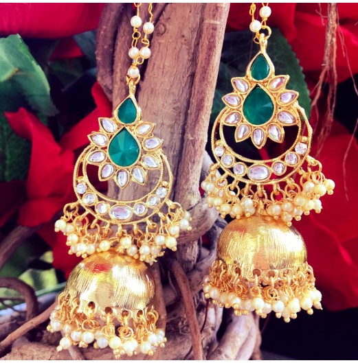 Gold Tone Green Kaan Chain Kundan Jhumki