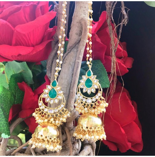 Gold Tone Green Kaan Chain Kundan Jhumki