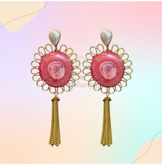 Gold Plated Stone Tassel Earrings 