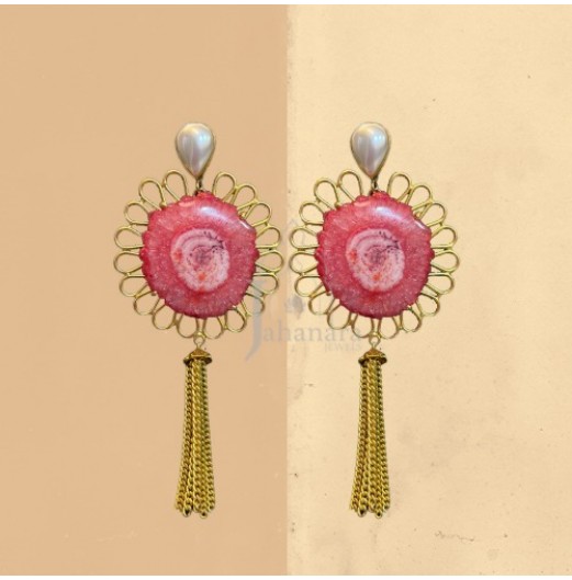 Gold Plated Stone Tassel Earrings 