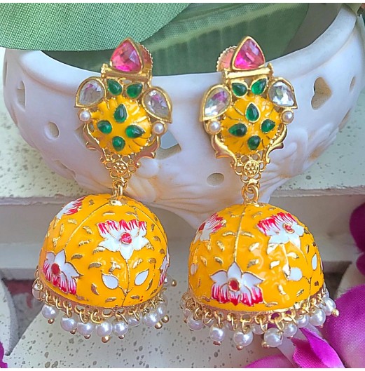 Yellow Lotus Meenakari Jhumki