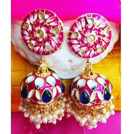 Meenakari Long Magenta Pearls Jhumki