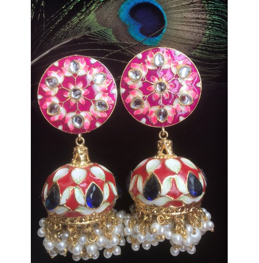 Meenakari Long Red Pearls Jhumki