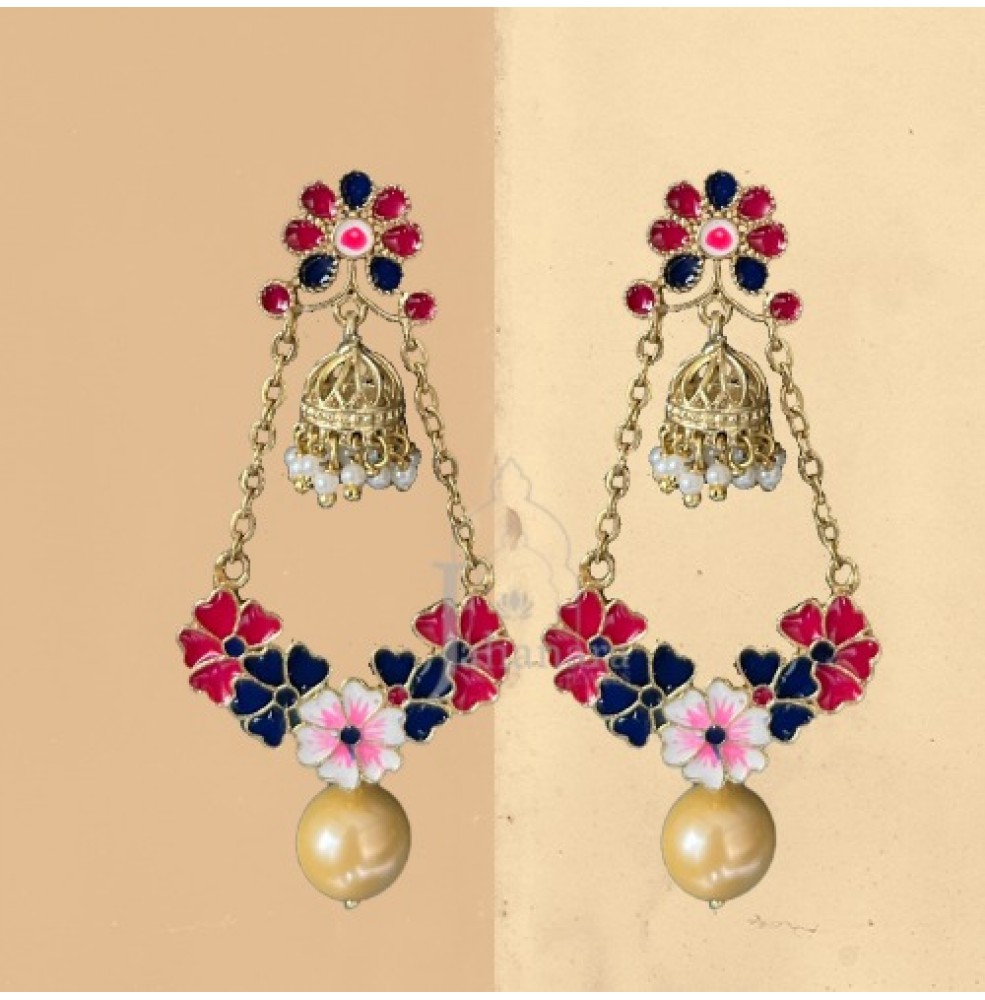 Striking 22 Karat Yellow Gold Beaded Meenakari Drop Earrings