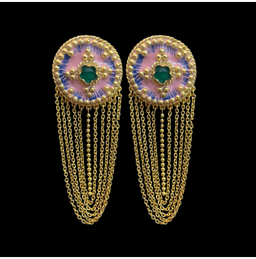 Gold Plated Pink Meenakari Tassel Earrings