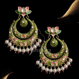 Green Lotus Chandbali with Pearl Drops