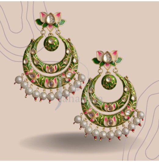 Green Lotus Chandbali with Pearl Drops