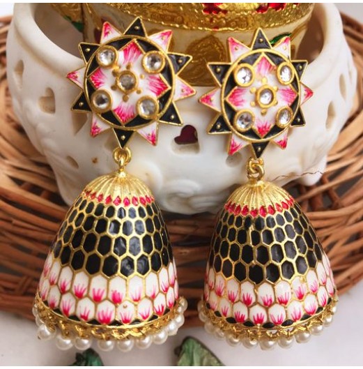 Meenakari Black Jhumki 