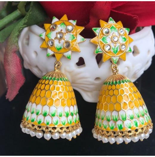 Gold Tone Meenakari Yellow Jhumki 