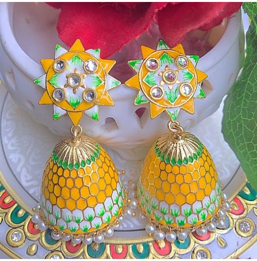 Gold Tone Meenakari Yellow Jhumki 