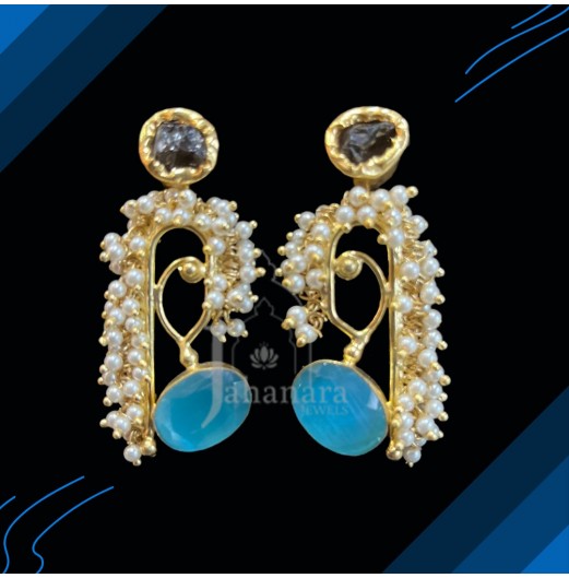 Pearl Edged Blue Stone Danglers