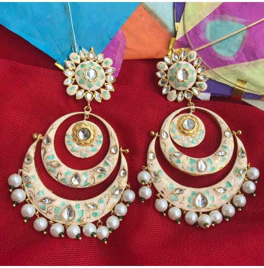 Meenakari Chandbali with Pearl Drops