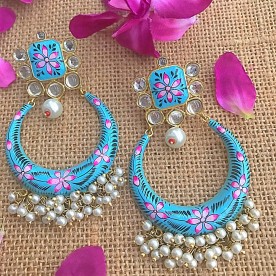 Blue Kundan Light Weight Chandbali Earrings