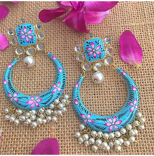 Blue Kundan Light Weight Chandbali Earrings