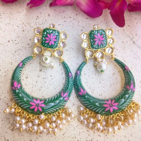 Meenakari Green  Light Weight Chandbali Earrings