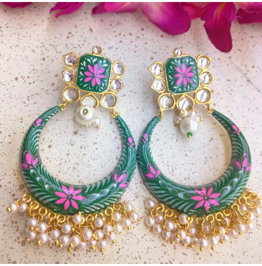 Meenakari Green  Light Weight Chandbali Earrings