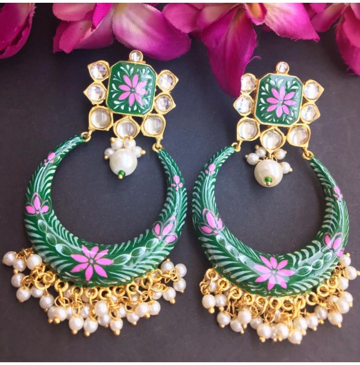 Meenakari Green  Light Weight Chandbali Earrings