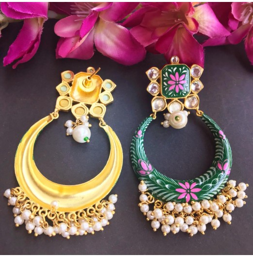 Meenakari Green  Light Weight Chandbali Earrings