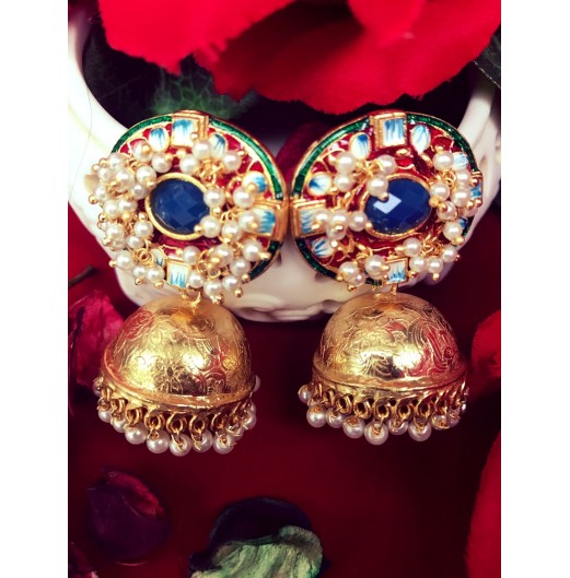 Meenakari Red Blue Gold Jhumki