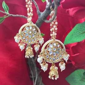 Gold Tone Kundan Kaan Chain Jhumki 