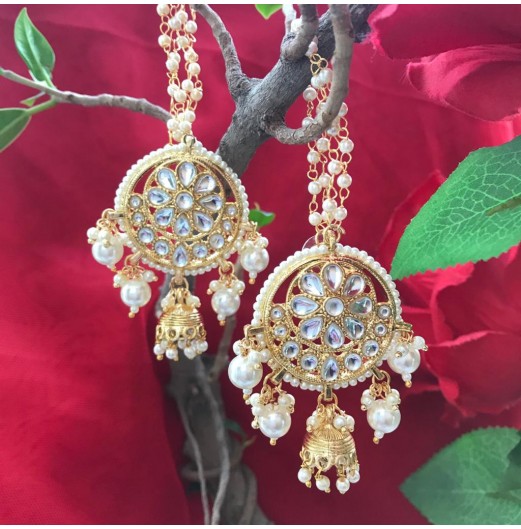 Gold Tone Kundan Kaan Chain Jhumki 