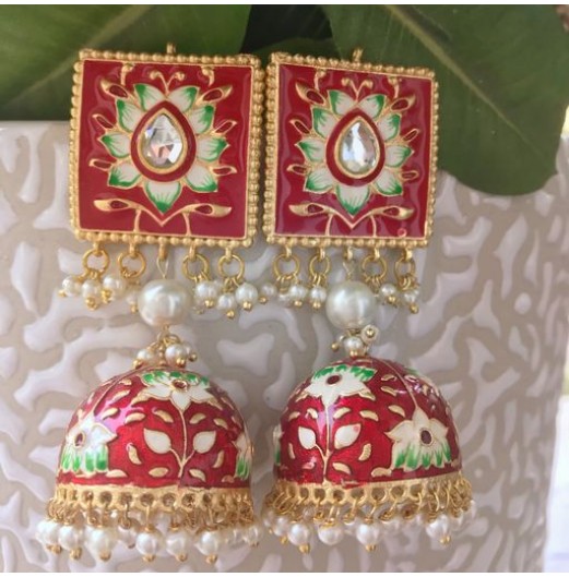 Red Enamel Lotus Jhumki 