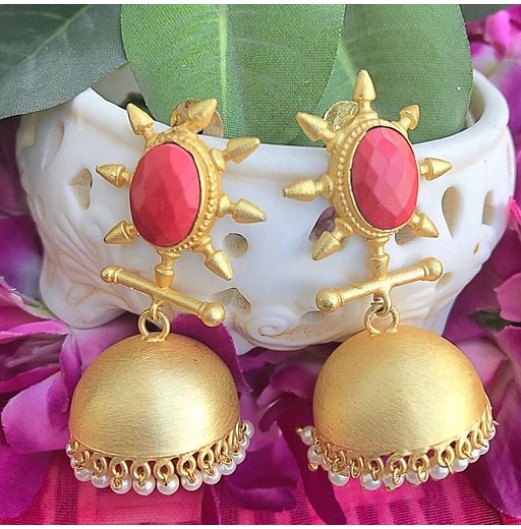 Gold Tone Red Stone Jhumki 