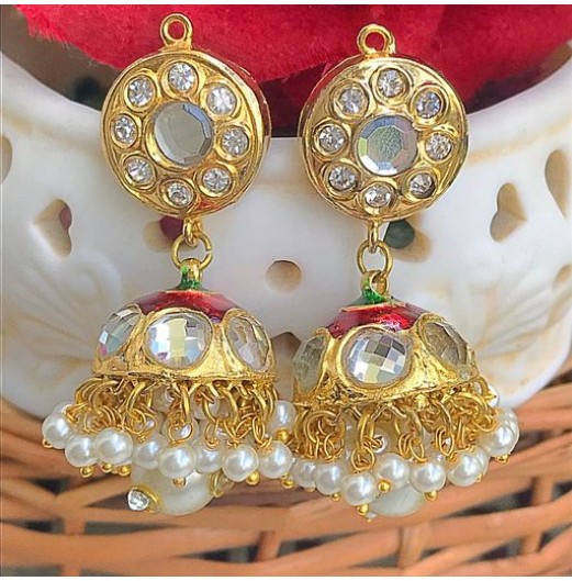 Red Enamel Gold Tone Kundan Jhumki 