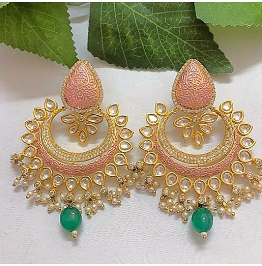 Pink Enamel Kundan Chandbali