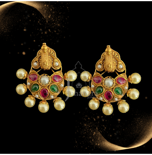 Pink-Green Gold Tone Temple Earrings