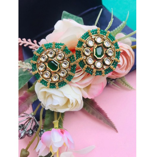 Gold Plated Kundan Green Studs