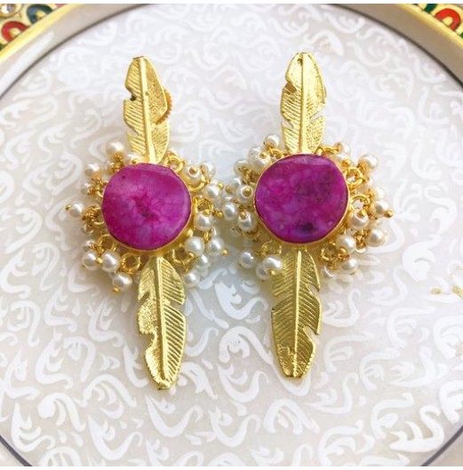 Druzy Gold Tone Leaf Earring 