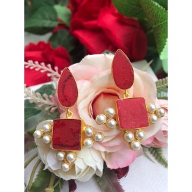 Red Druzy Stone Pearl Earrings