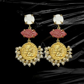 Gold Plated Stone Coin Earrings