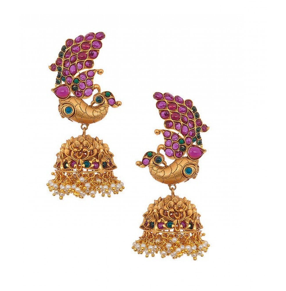 Peacock Design Jhumkas With Earchain -South India Jewels