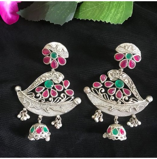 Silver Plated Polki Jhumka Earrings