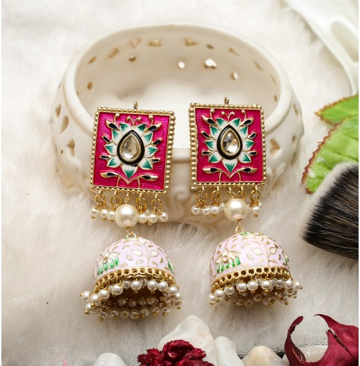 Pink Enamel Lotus Jhumki 