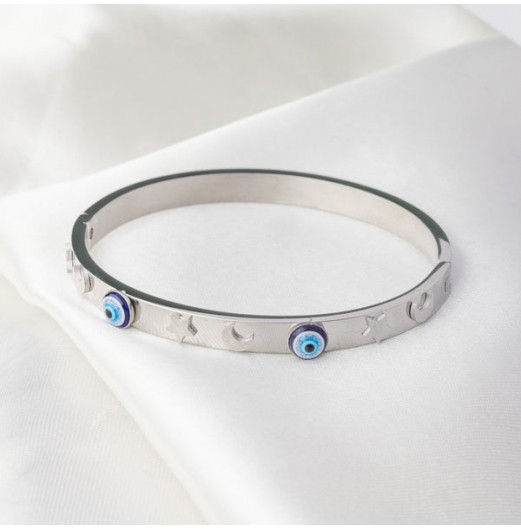 Silver Moon Star Evil Eye Bangle